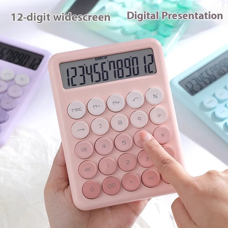 Gradient colour desk calculator in violet, cherry blossom powder, glacier blue, and mint green options