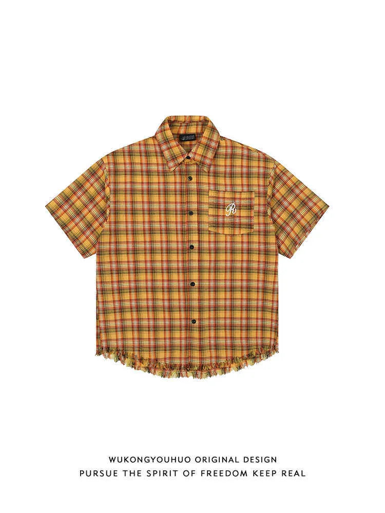 Yellow grid pattern plaid short sleeve shirt with embroidered pocket and loose fit