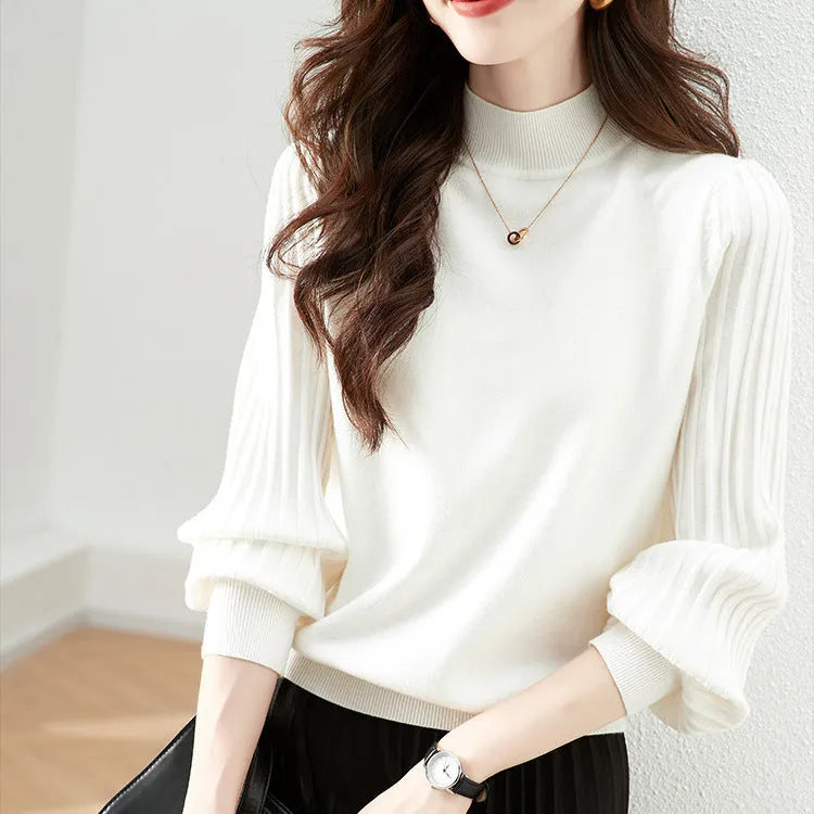 Women's slim fit half turtleneck pullover shirt in core-spun spandex with sunk stripe detailing