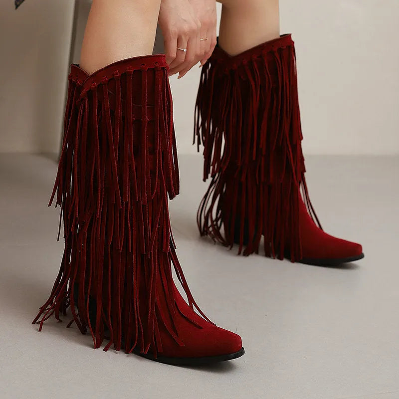 Women's suede high boots with chunky heel, tassel detailing and waterproof platform in multiple colours
