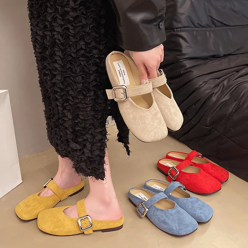 Women's flat closed toe slippers with square head design in apricot, blue, red and yellow colour options