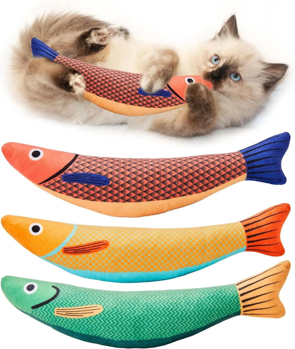 24cm long plush catnip fish toy in green colour with crinkle sound for feline play