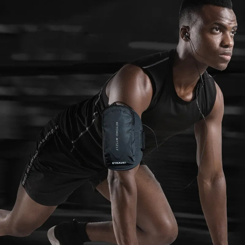 Lightweight running arm bag with reflective strips showing three colour options