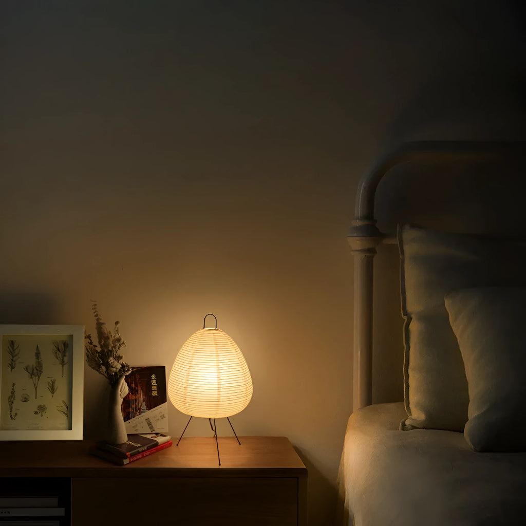 Japanese style rice paper table lamp with aluminium base and button dimmer