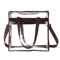 Women's transparent PVC shoulder messenger bag showing front organisation and double strap connector