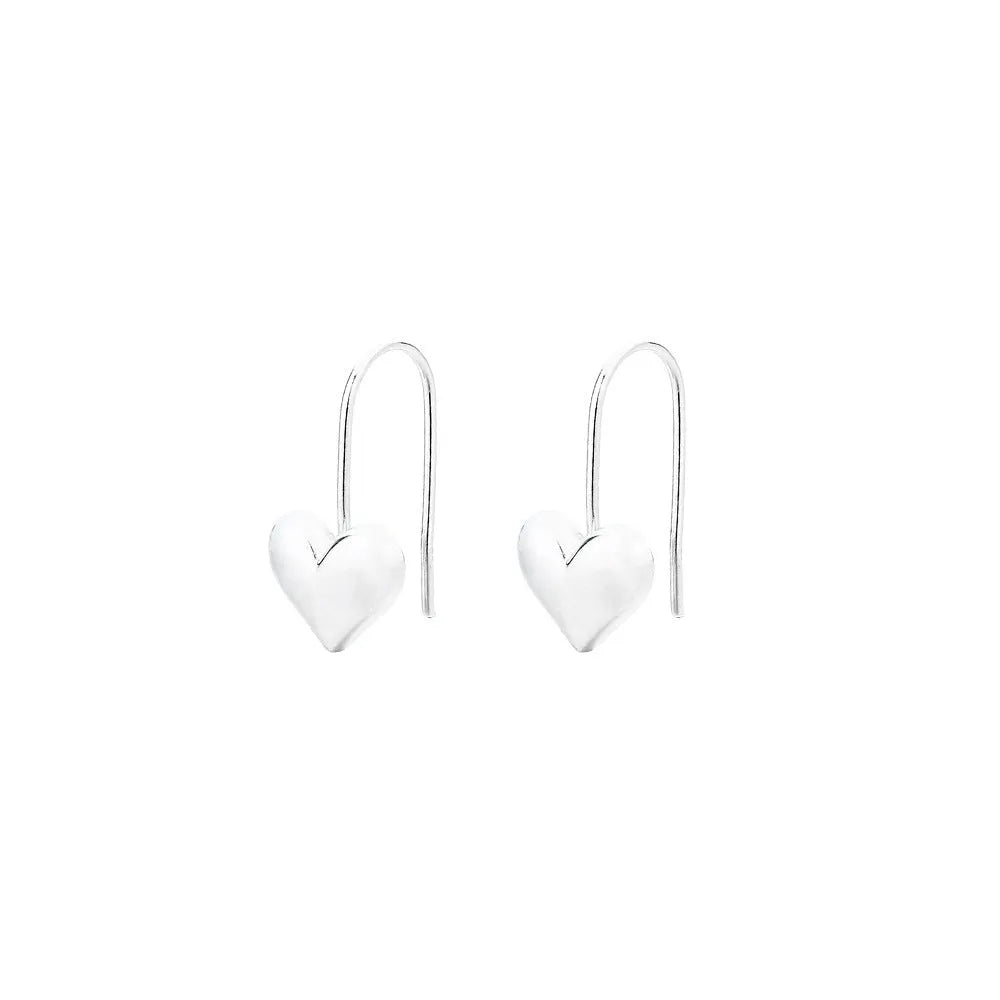 Three-dimensional glossy heart earrings with Korean style silver tone finish