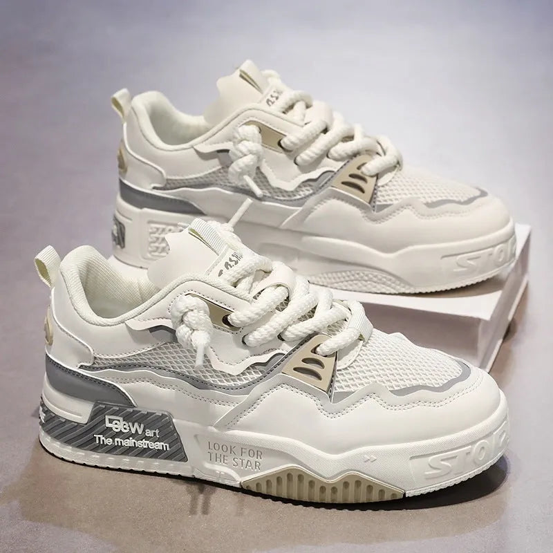 Men's casual board shoes with soft rubber sole, mesh lining, low-top flat heel, available in beige