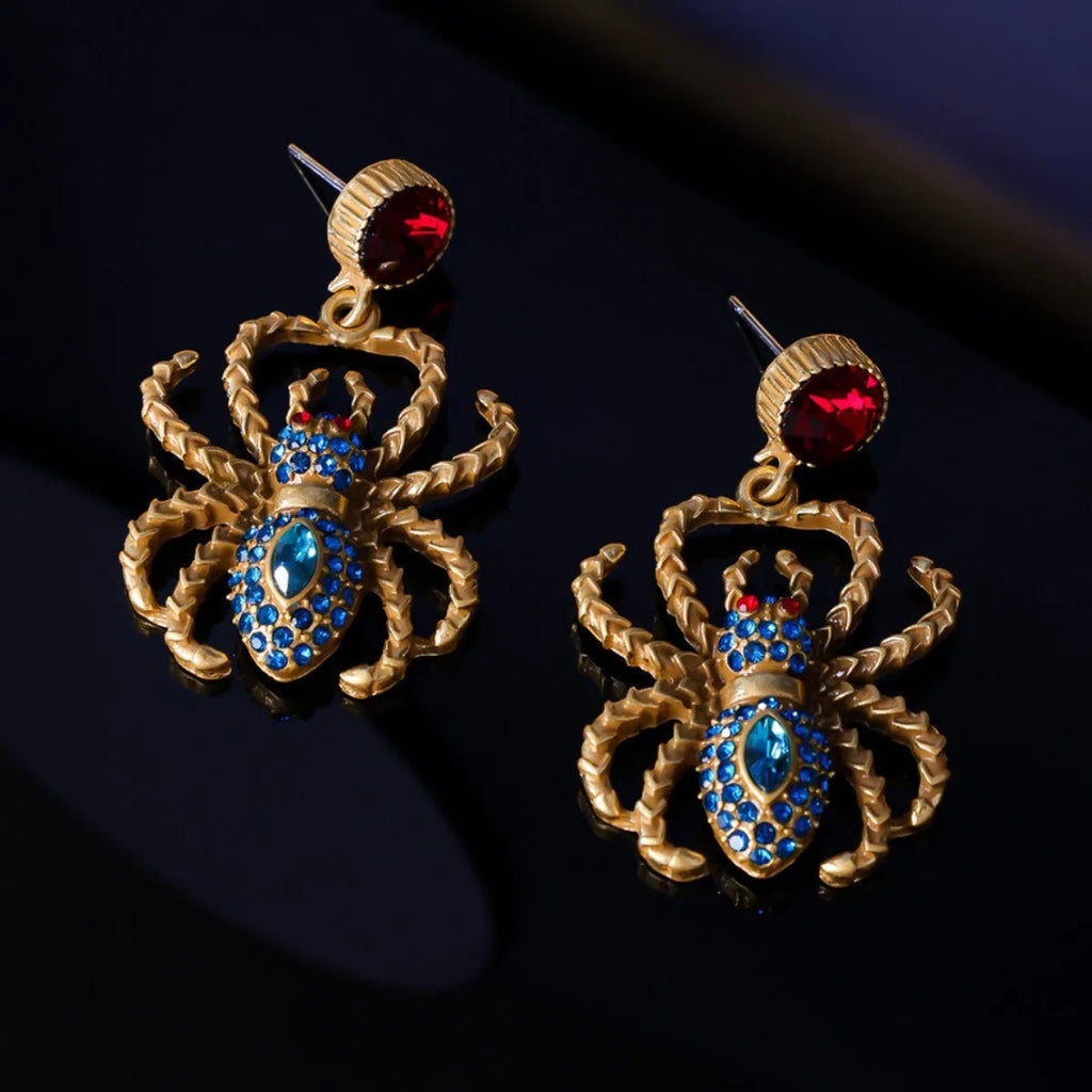 Ruby Spider light luxury distressed earrings alloy 4.4 cm red blue Chinese style women earrings