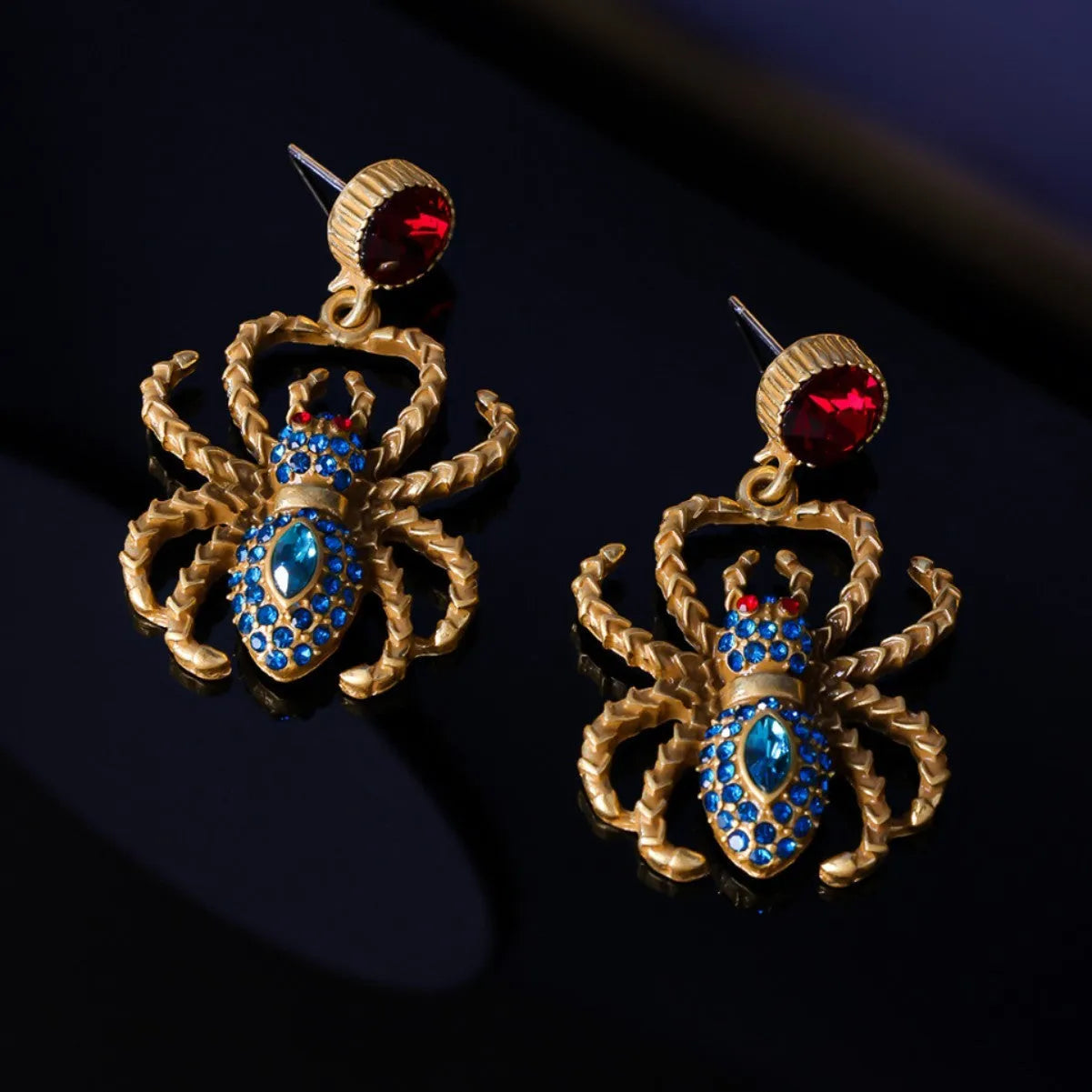 Ruby Spider light luxury distressed earrings alloy 4.4 cm red blue Chinese style women earrings