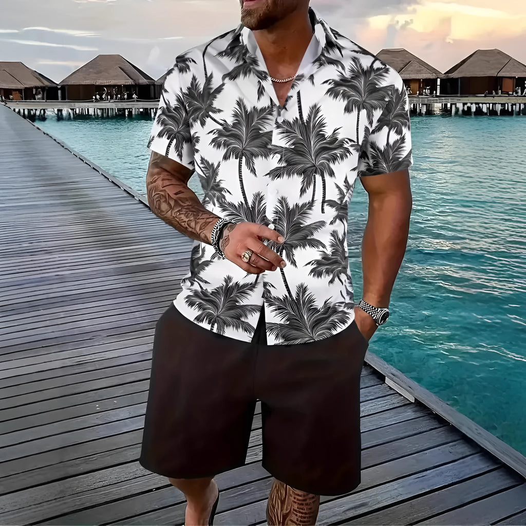 Men's Hawaiian print short sleeve suit set with matching trousers in polyester