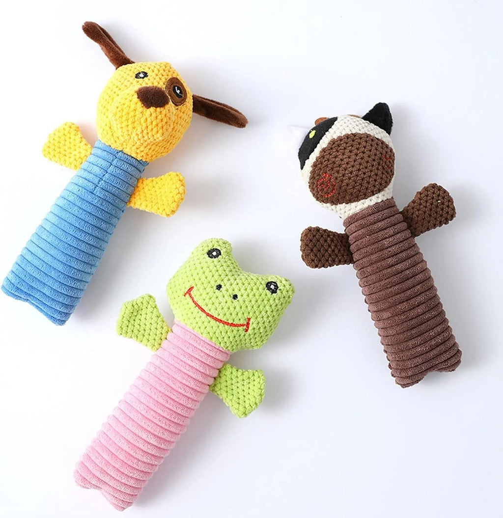 Squeaky stuffed dog chew toy measuring 19cm for dental cleaning and teething relief