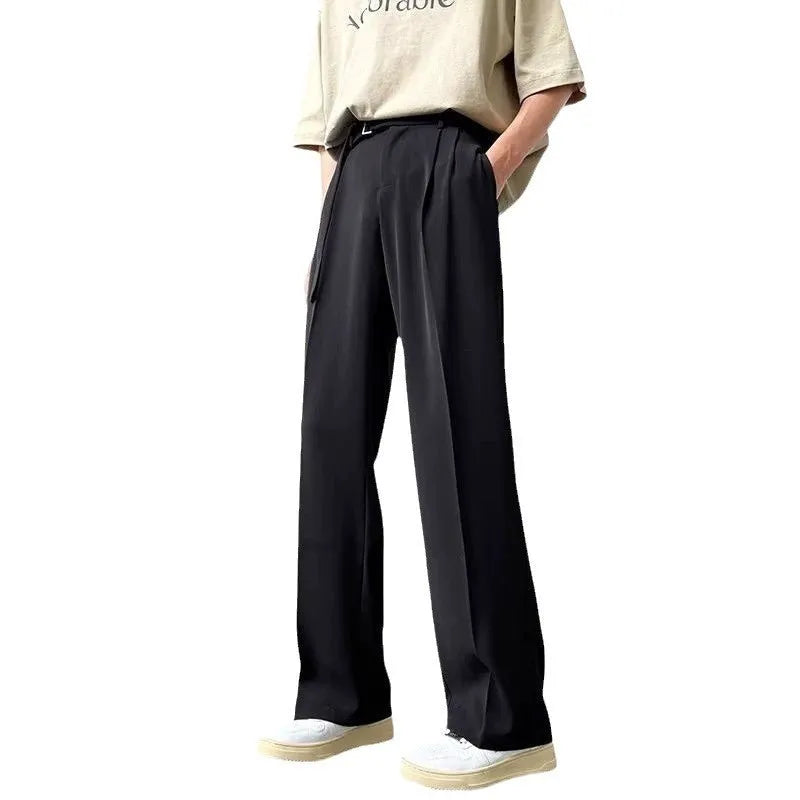 Black straight leg loose cut pants with non-iron chemical fibre blend fabric, front view
