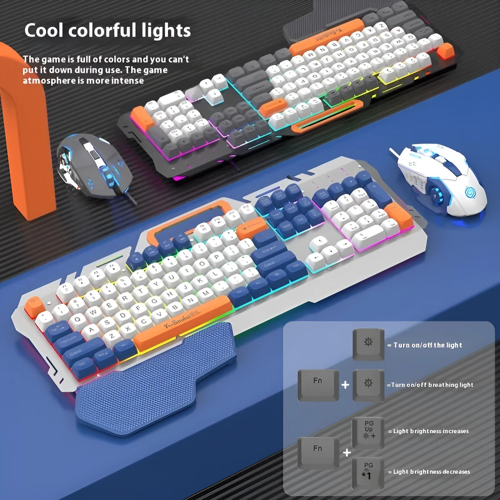 Blue wired gaming keyboard and mouse set with backlit keys on black background