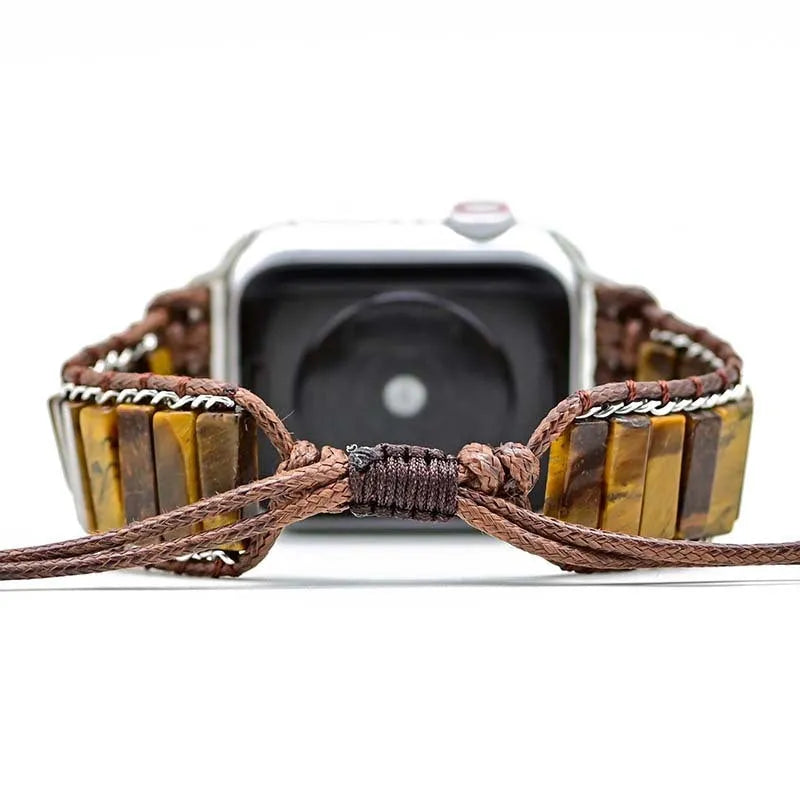 Men's textile watch strap with rectangular tiger eye stone centrepiece, adjustable length for 38-41mm and 42-45mm watches