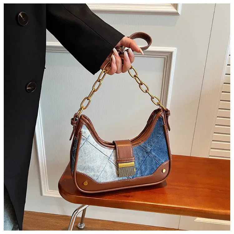 Brown denim women's shoulder bag with diamond mesh detail and chain strap
