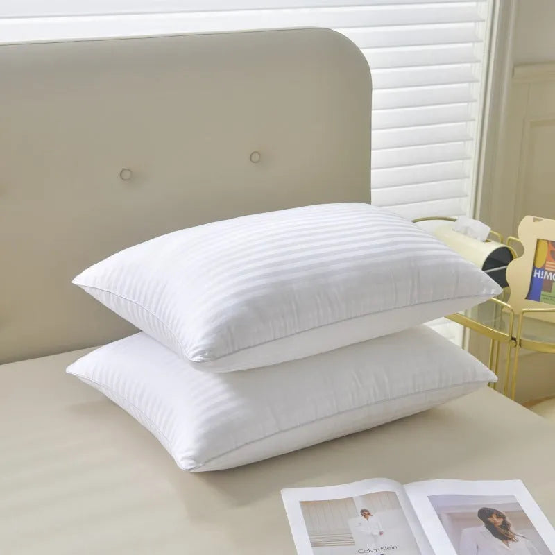 White cotton satin stripe pillow with feather and cotton fill, shown in 45cm, 48cm, and 50cm width options.