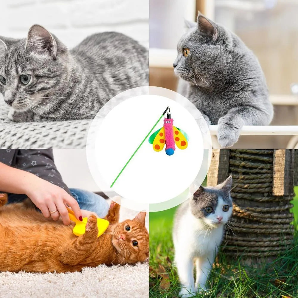 Cat wand toy with bell and dragonfly attachment in green, ABS stick 49cm long, on a light background