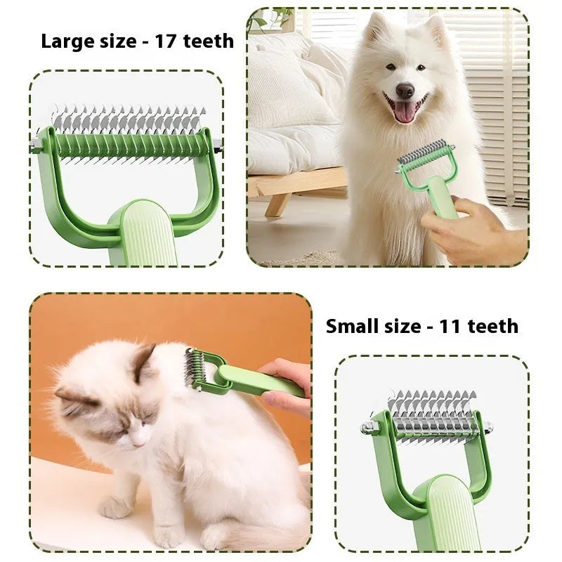 Green and grey dog unknotting combs with stainless steel teeth and plastic handles in small and large sizes.