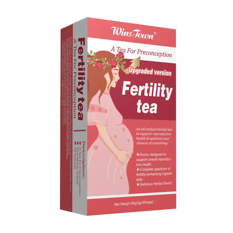 Box of fertility tea with 90 herbal tea bags in three 30-bag pouches