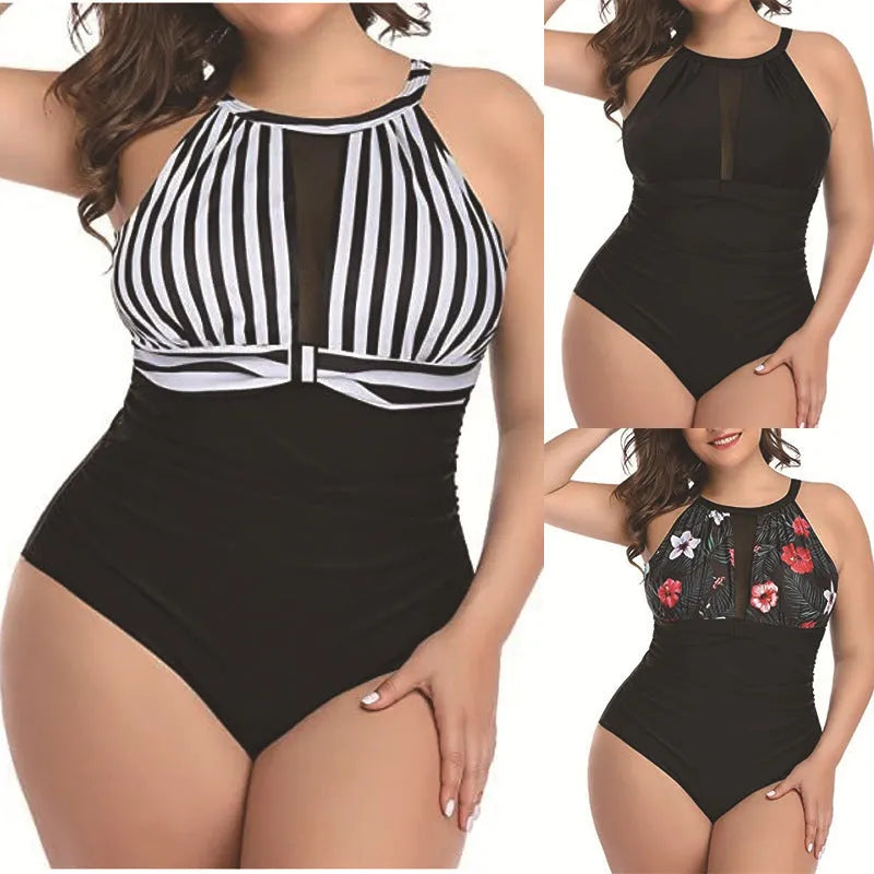 Women's black polyester lace one-piece swimsuit on a hanger, with stripes and red flower pattern options shown.