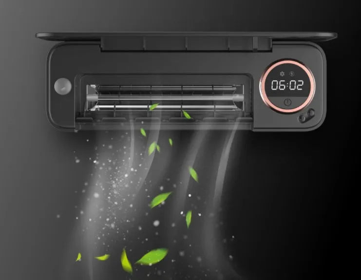 UV toothbrush holder sterilizer with LED display, black, wall-mounted with toothbrush inside