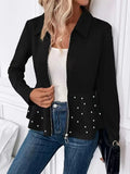 Women's black loose fit coat with heavy-duty zipper and ruffled hem, made from Spandex fabric.