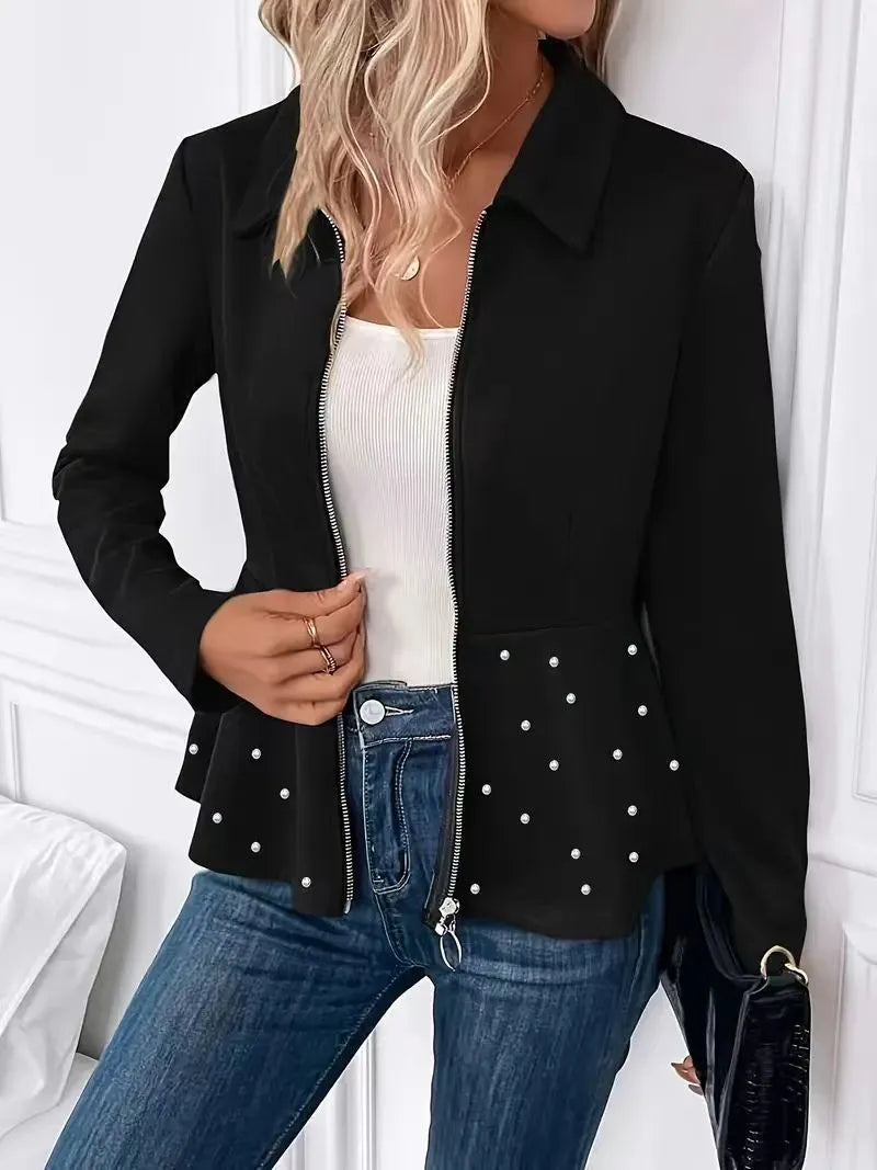 Women's black loose fit coat with heavy-duty zipper and ruffled hem, made from Spandex fabric.