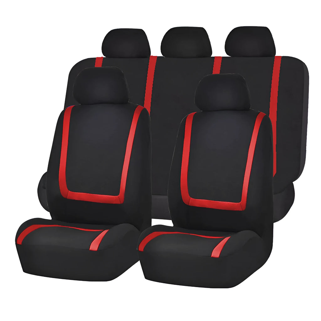 Fully enclosed universal fabric car seat cover set showing front and rear seat protection.