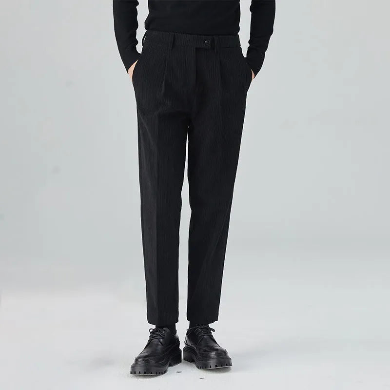 Corduroy men's straight-leg loose trousers in beige, black, and brown gray, mid waist with micro elastic waistband, sizes 28-34