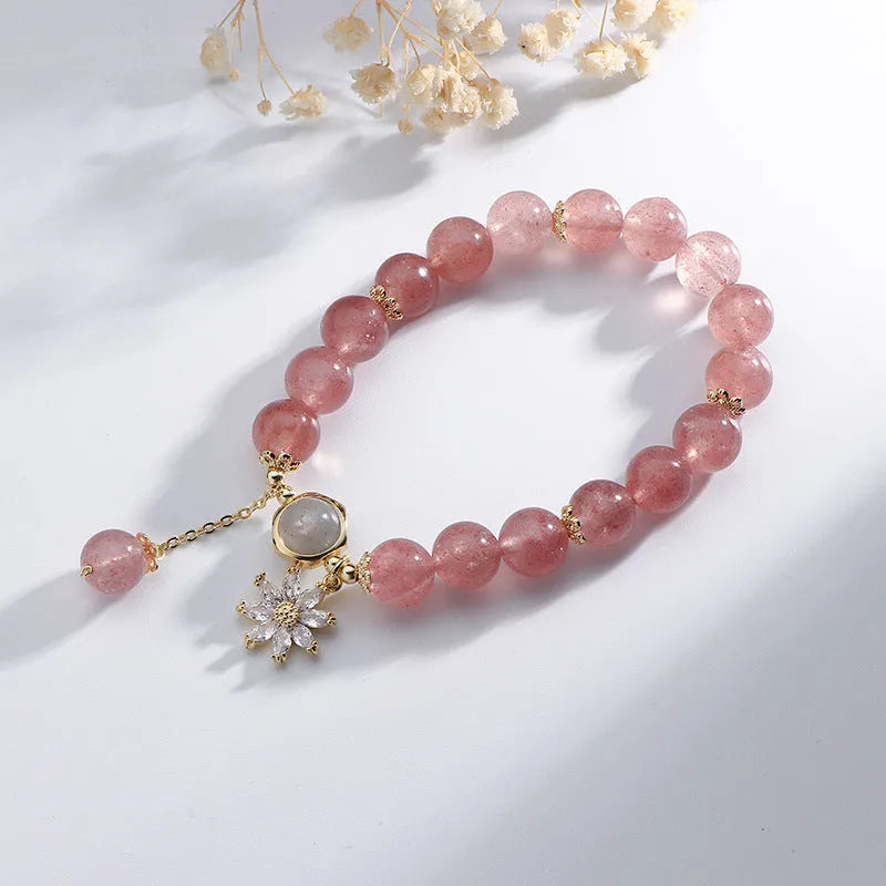 Natural strawberry quartz crystal bracelet with electroplated finish and flower design in mori style