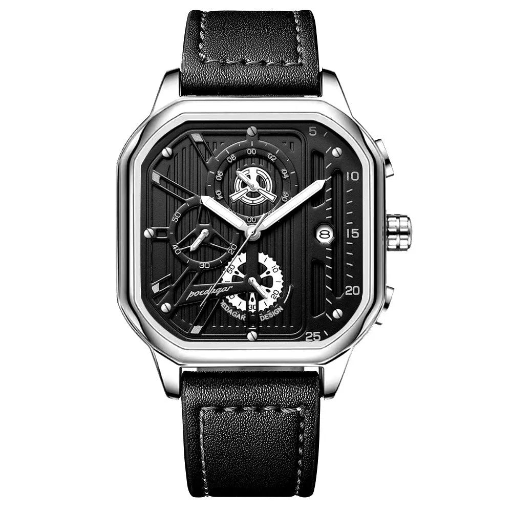 Men's sport quartz watch with leather belt-style band showing 8mm thickness and available colour variations
