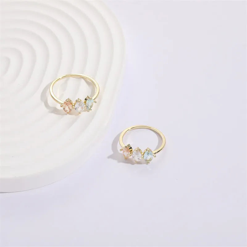 14k real gold tone tricolor zircon horse eye geometric triangle ring for women on copper base
