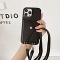 PC leather phone case with card holder and crossbody lanyard for iPhone, lychee pattern texture, black colour