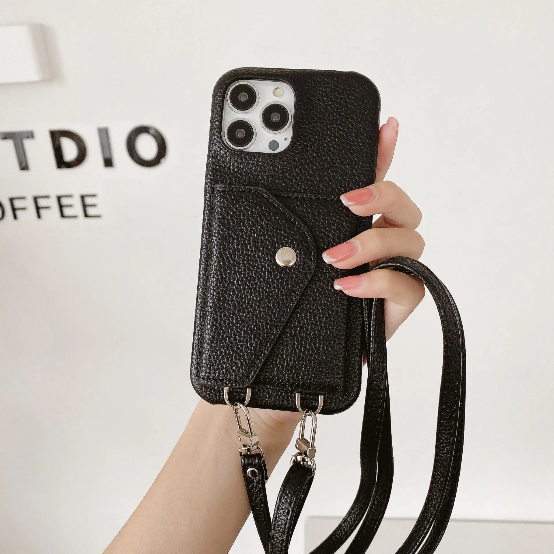 PC leather phone case with card holder and crossbody lanyard for iPhone, lychee pattern texture, black colour