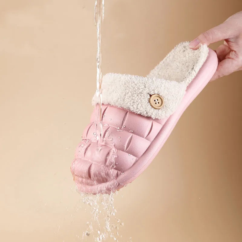 Plaid detachable EVA slippers for women with plush lining and a non-slip sole, shown in pink colour.
