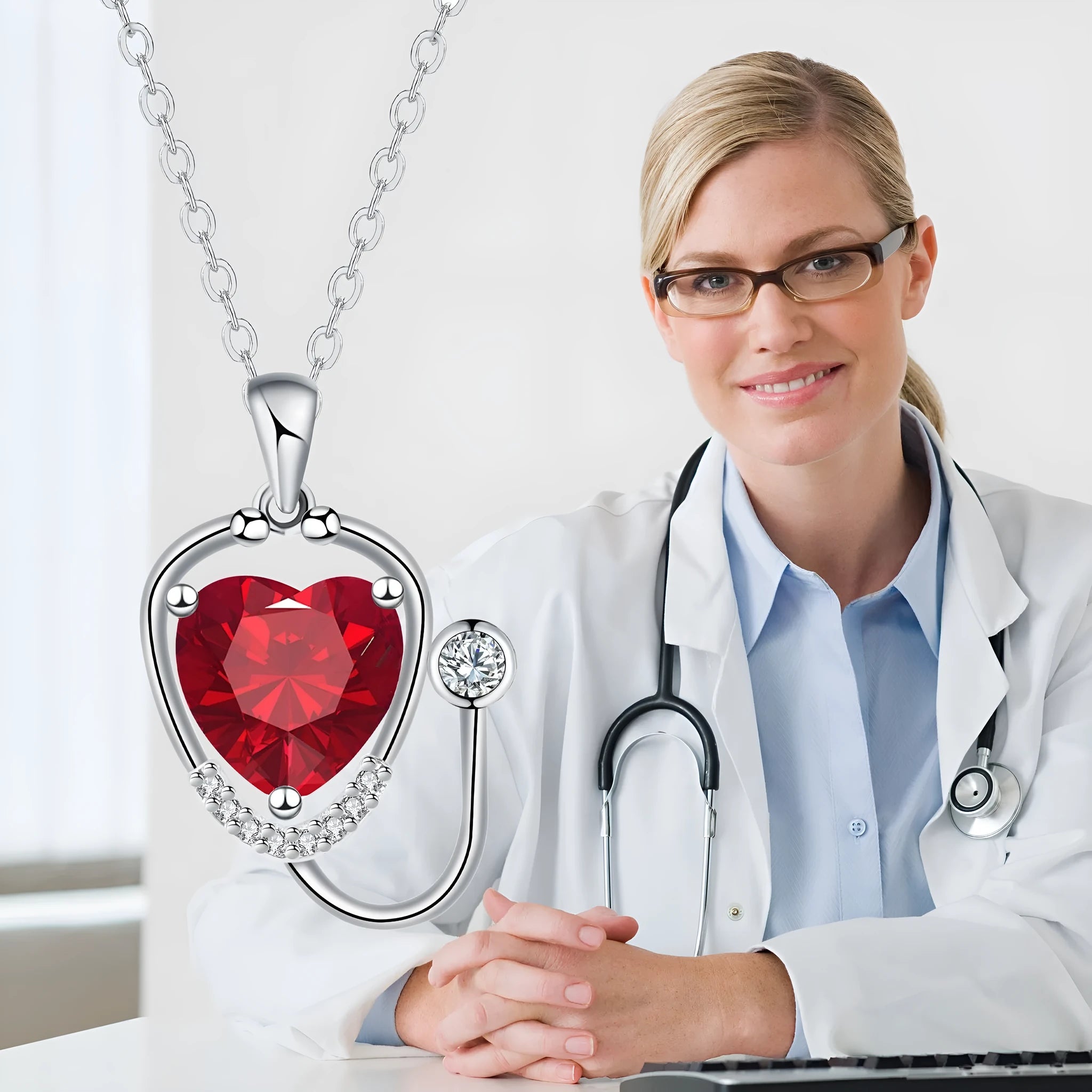 Copper stethoscope necklace for women with red diamond wing pendant on a long chain
