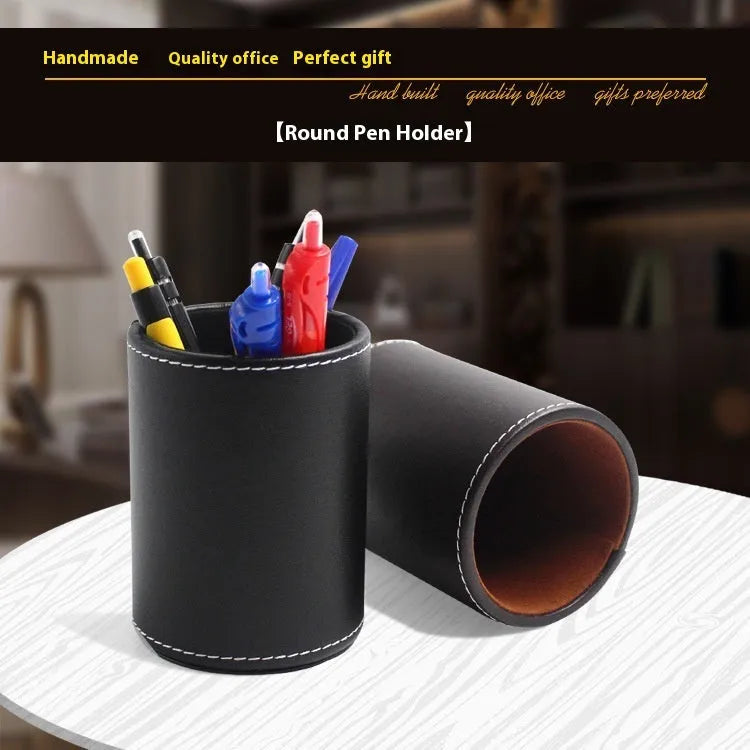 Round black leather pen container showing diameter and height measurements