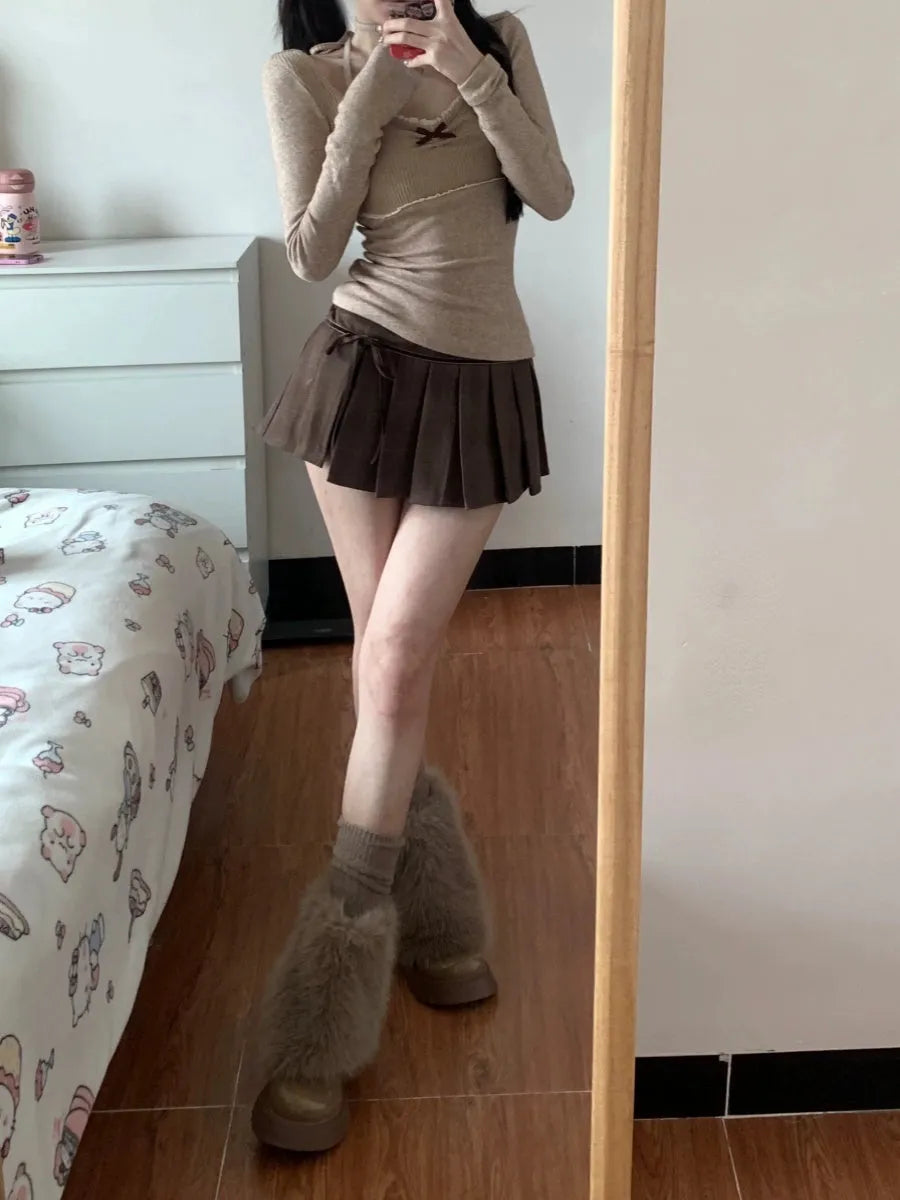 Women's halter lace V-neck sweater in Milk Tea colour, slim fit spring top with lace trim and V-neckline