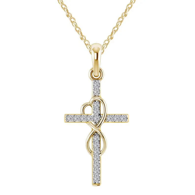 Alloy cross pendant necklace with diamond detail, adjustable chain, gold colour, unisex design