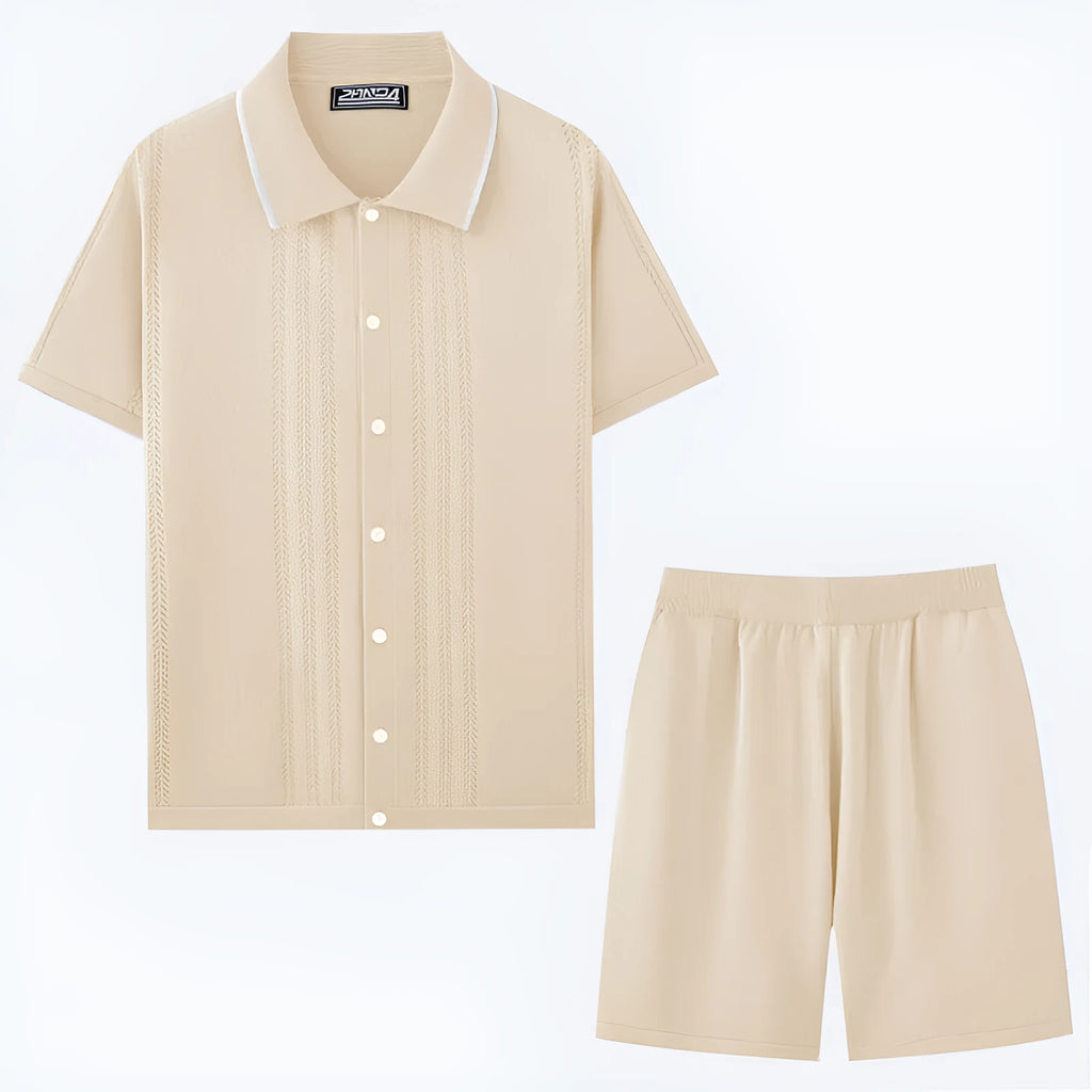 Men's Tencel fabric business casual two-piece set with short sleeve sweater and matching shorts