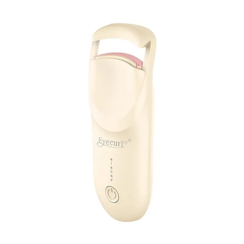 USB-charged electric heating eyelash curler in plastic casing on a white background