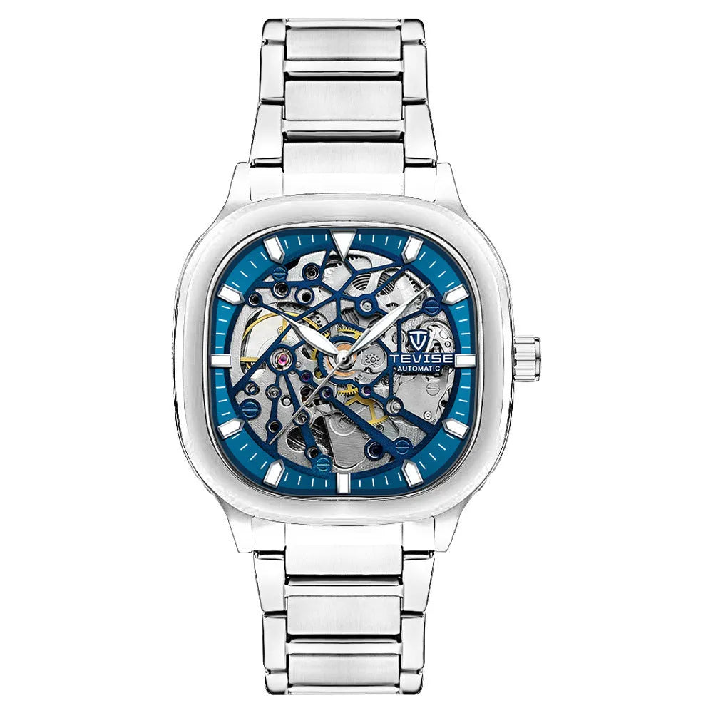 Men's square automatic watch with luminous hollow case and stainless steel strap on wrist.