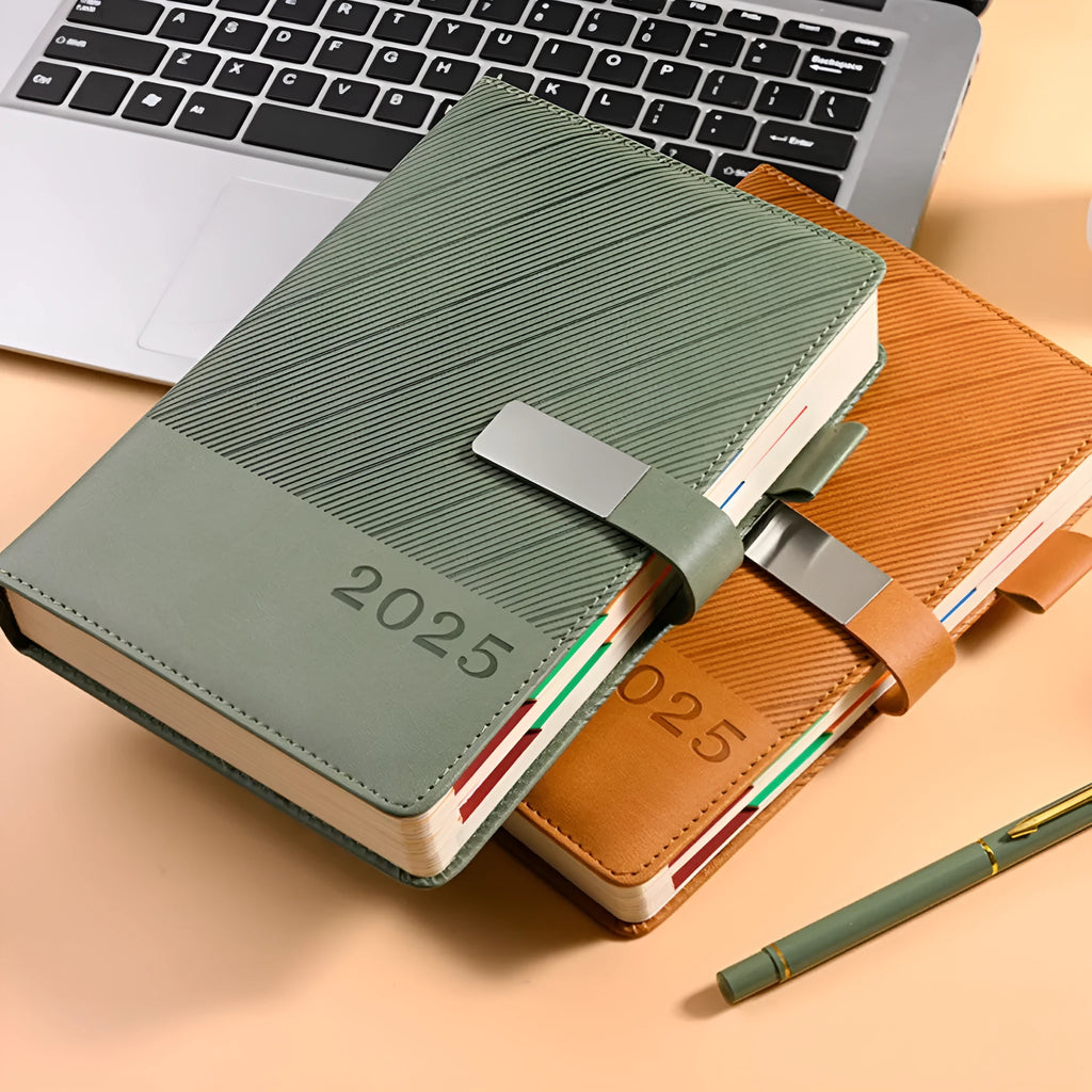 A5 business notepad with striped PU leather cover open on 80g wood-free paper, shown in Sky Blue colour.