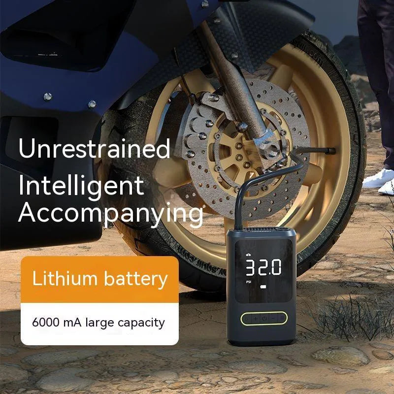 Handheld wireless digital tyre inflator with display showing pressure reading