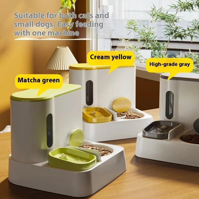 Cat automatic pet feeder water dispenser with integrated double bowl design in grey colour