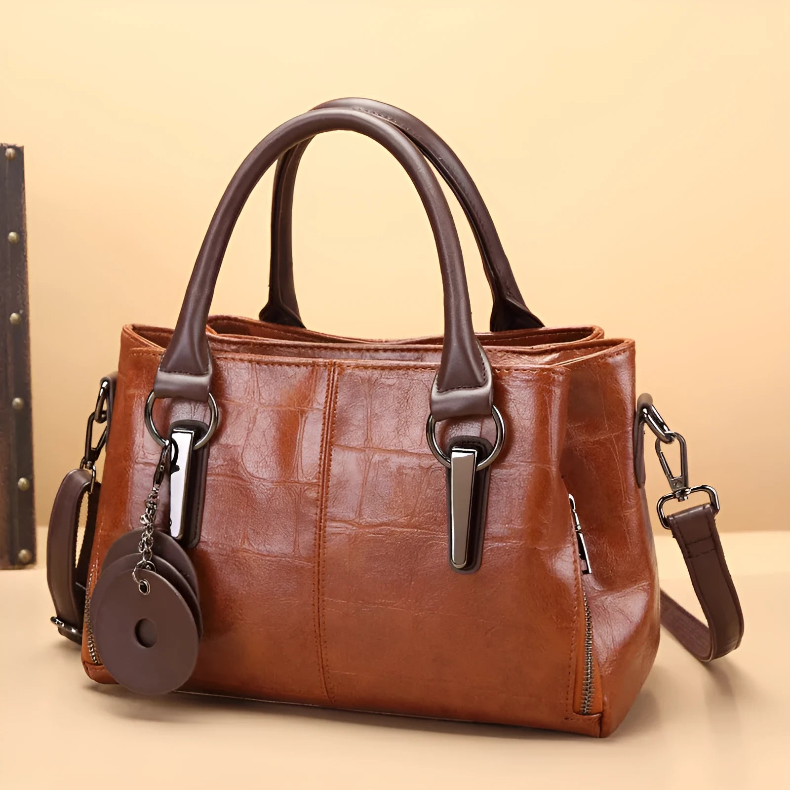 Vintage brown PU leather horizontal square tote bag with single shoulder strap and open pocket