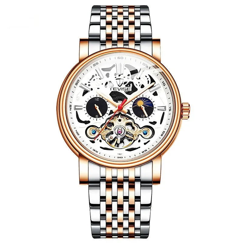 Men's waterproof luminous mechanical tourbillon watch with stainless steel case and choice of straps