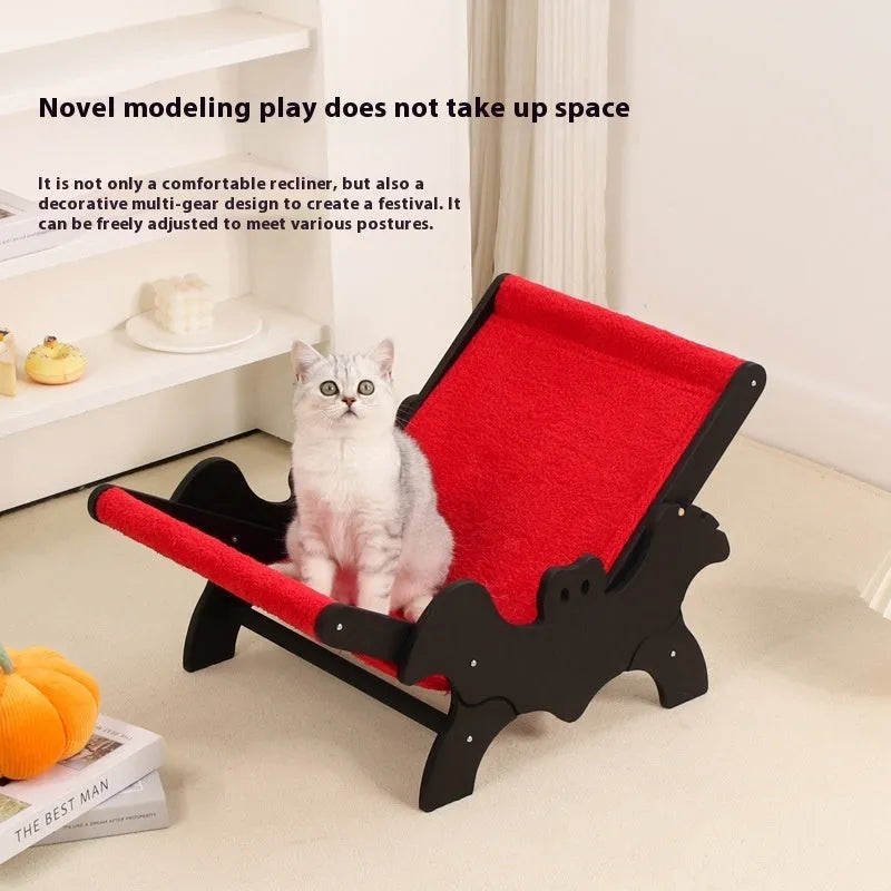 Black and red bat-shaped wooden cat recliner bed with Halloween theme