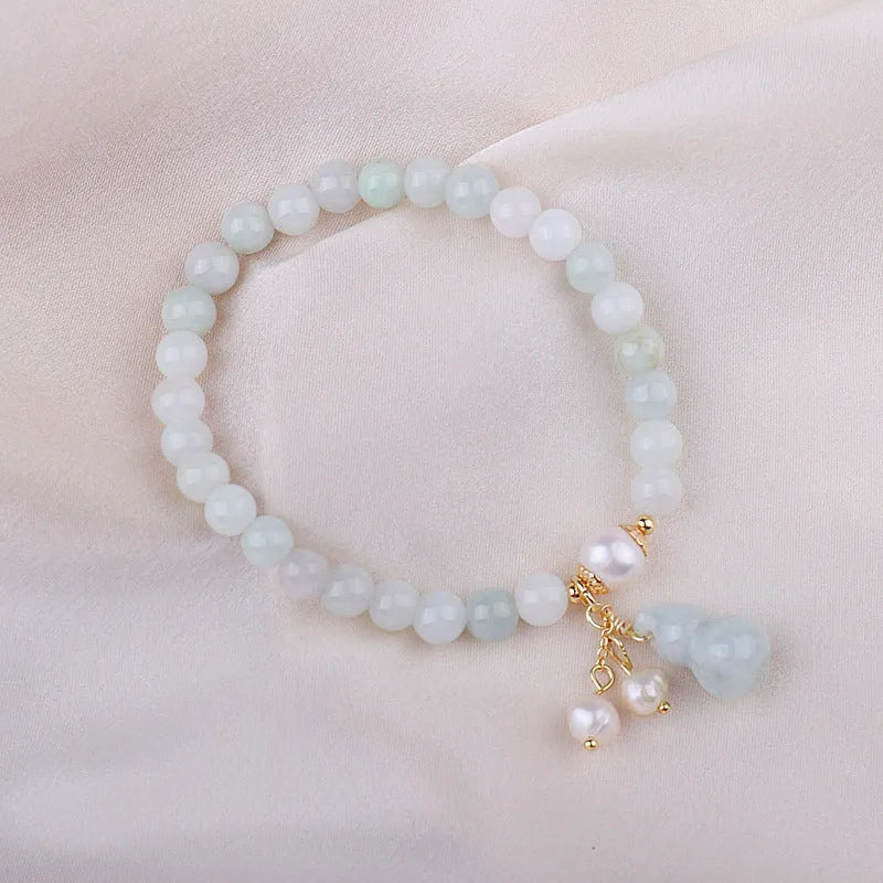 Natural emerald jade bracelet with pearl jade gourd accent, Chinese style women's handmade jewellery