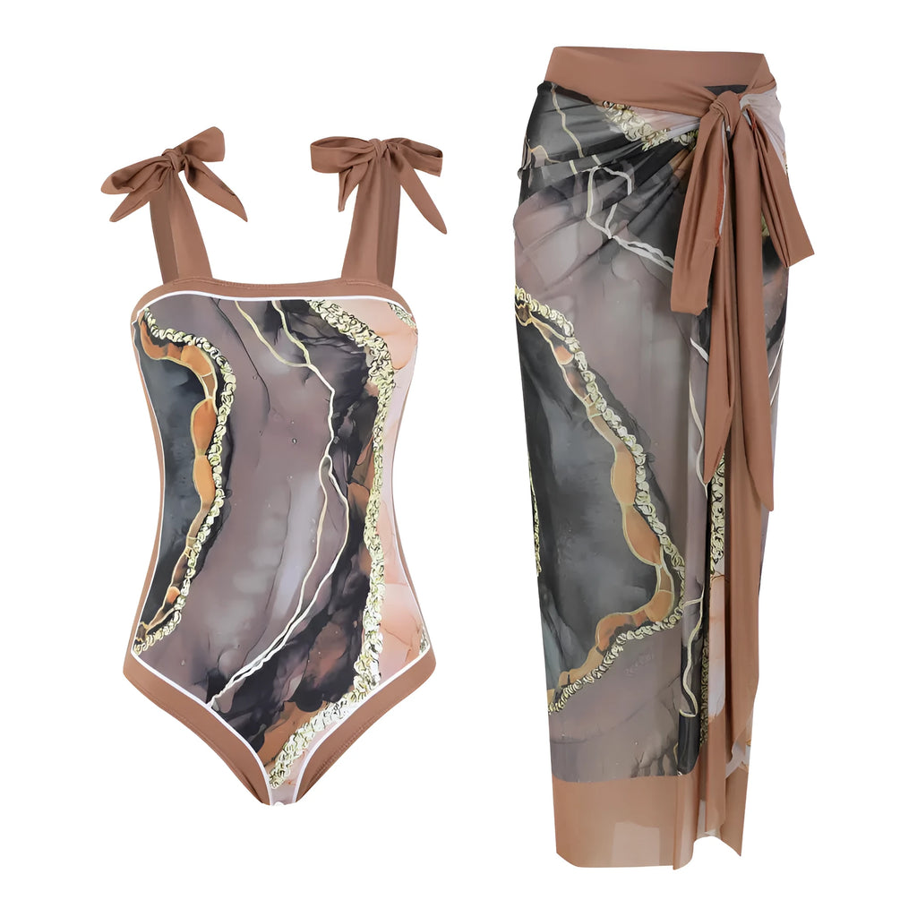 Floral print one-piece polyester swimsuit with matching skirt, sleeveless, available in brown printing